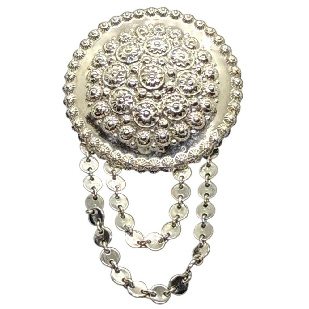 Silver Tone Domed Round Floral Brooch With Dangle Chains Vintage 1.6in W